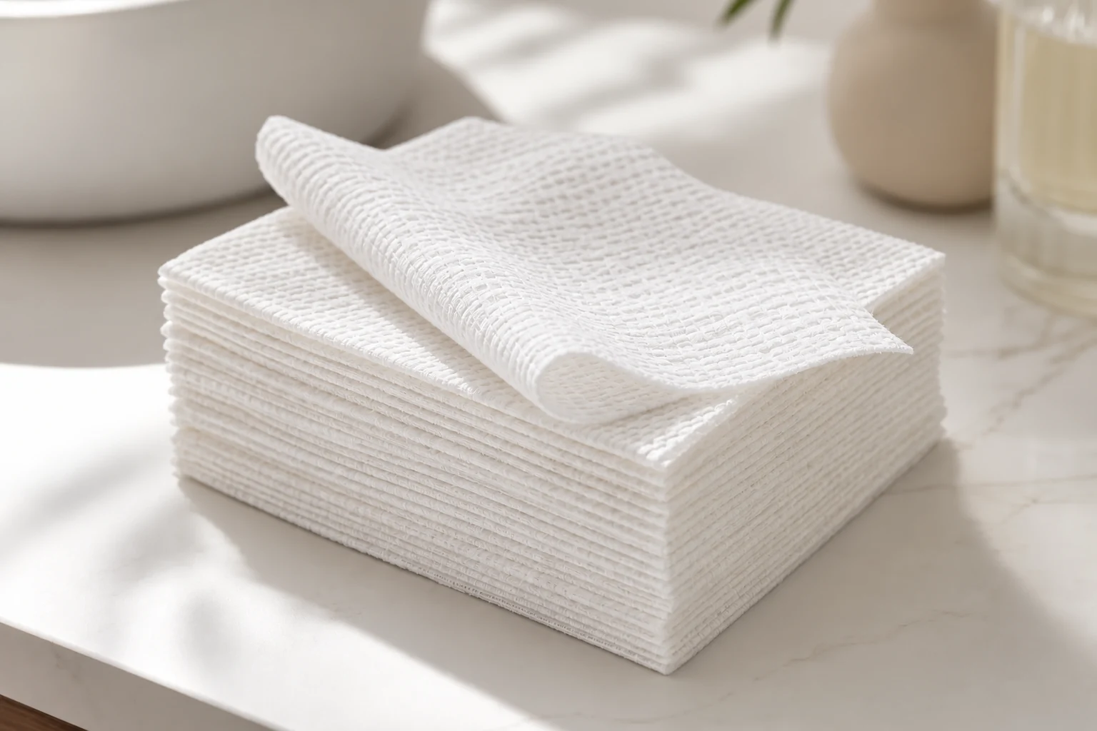 White EF-pattern facial towels beside a bathroom basin