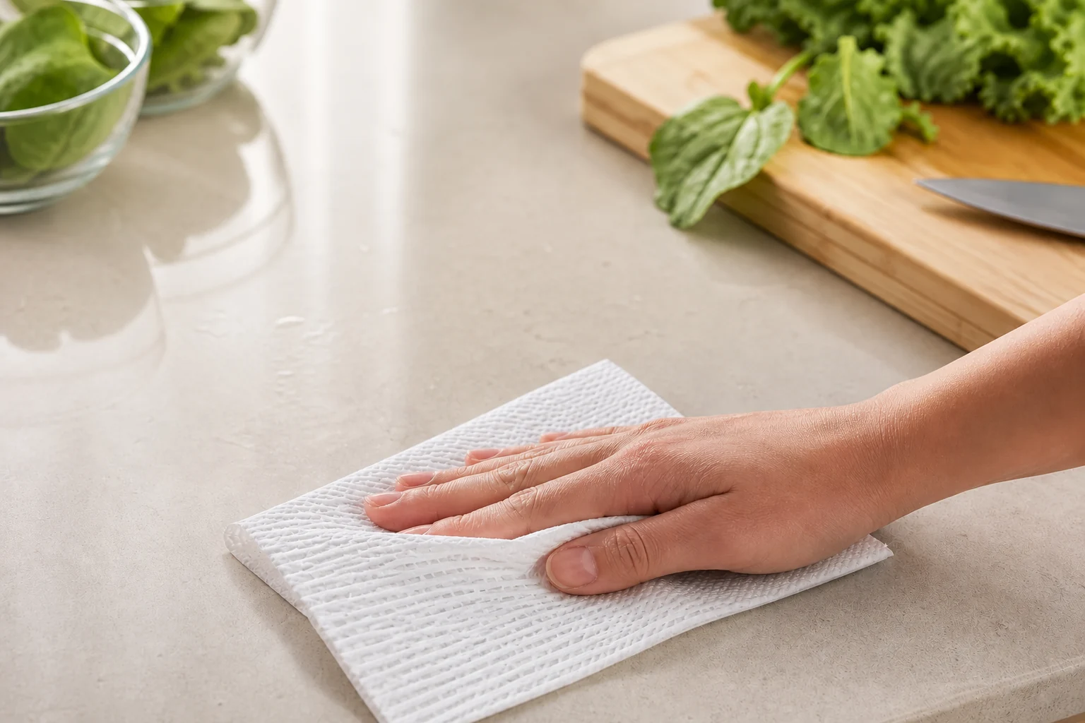 A kitchen towel used to wipe a countertop