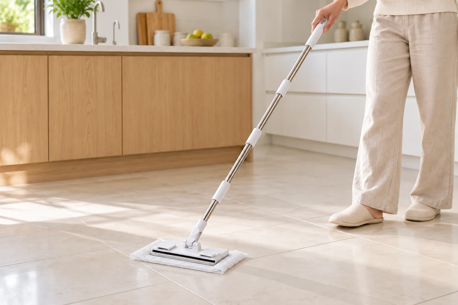 Dust Mop Large holding a white kitchen towel on a kitchen floor