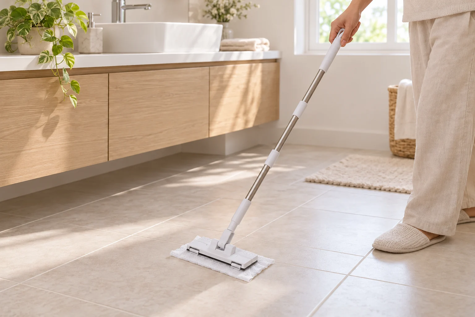 Dust Mop Small holding a white facial towel on a bathroom floor