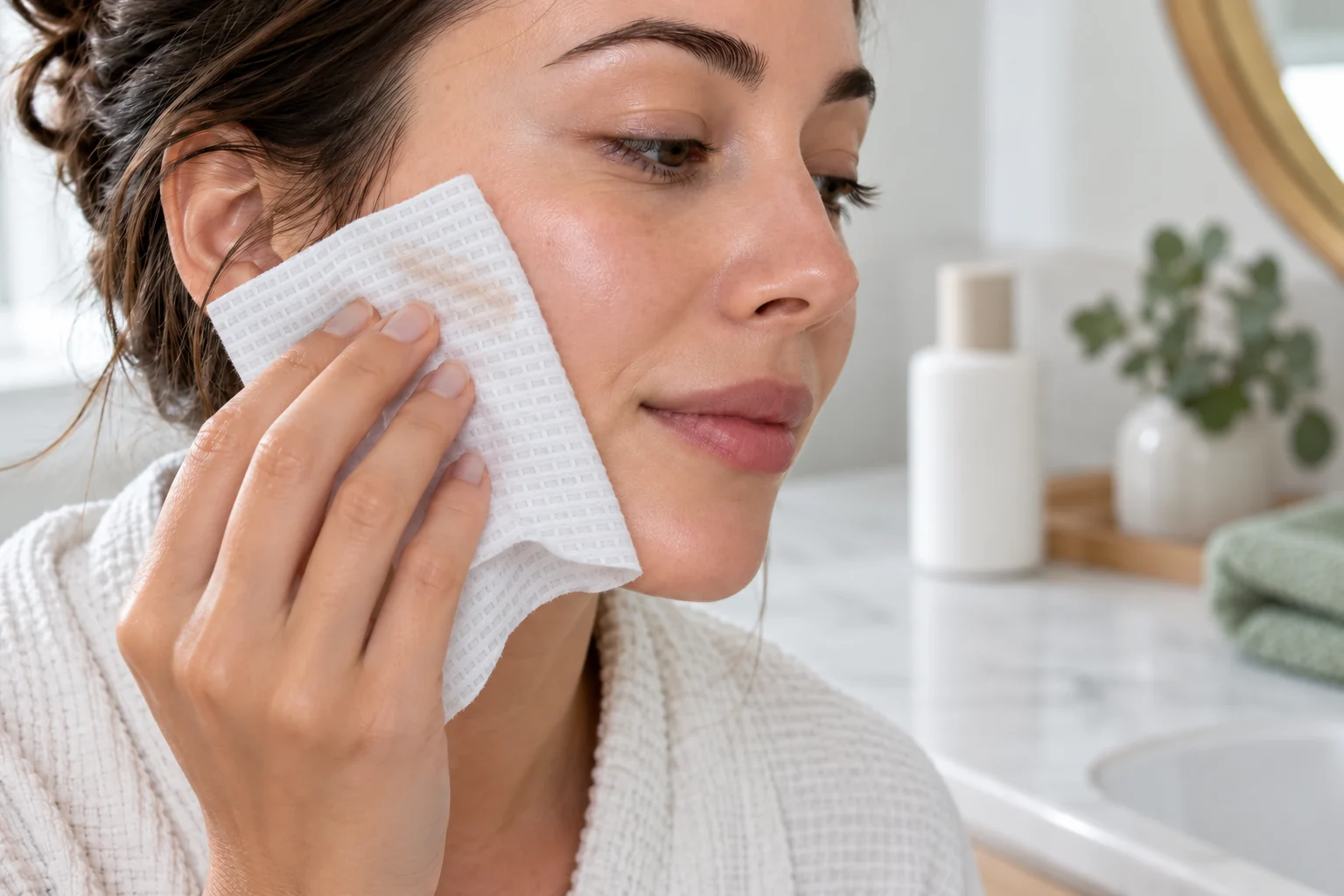 A woman making a final cheek wipe after makeup removal with a fresh facial towel