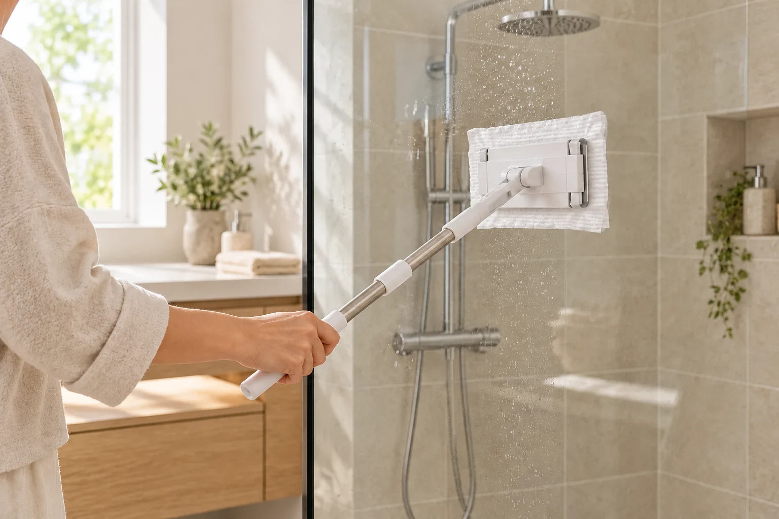 Dust Mop Small with a facial towel wiping a vertical glass shower partition