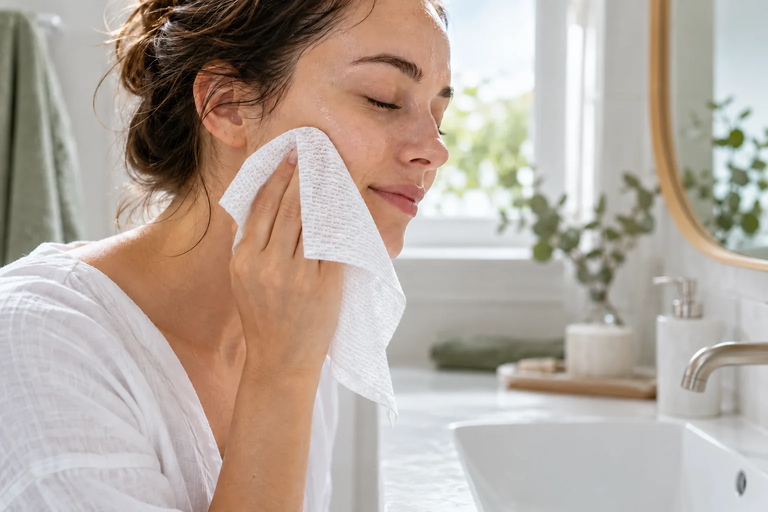 A woman gently patting her freshly washed cheek with a white facial towel