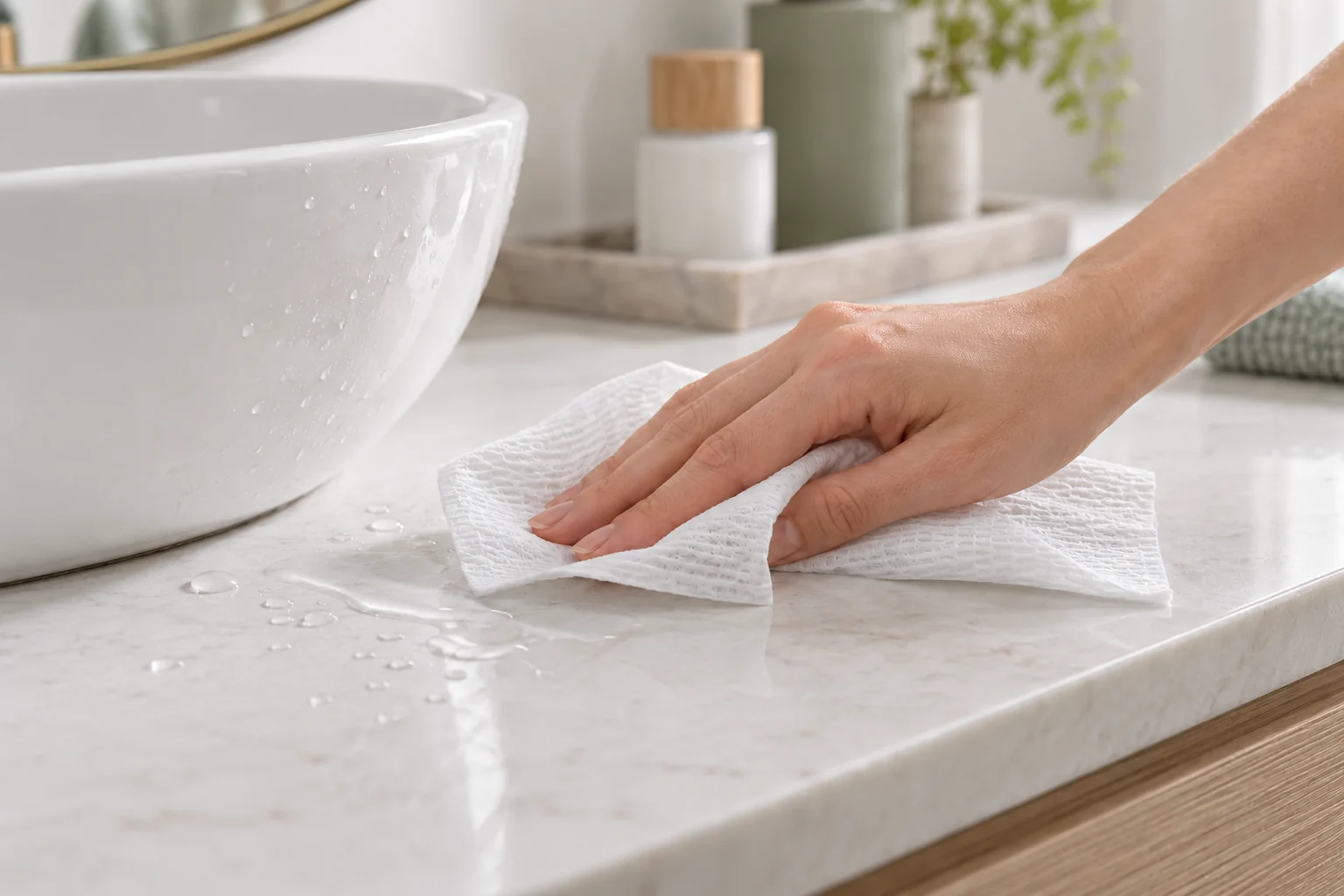 A hand wiping water droplets from a bathroom vanity beside the basin with a facial towel