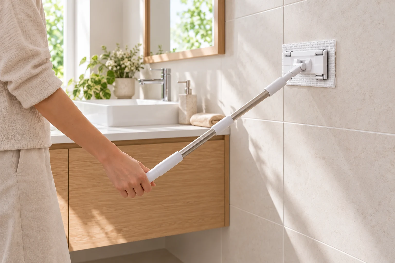 Dust Mop Small holding a facial towel flat against a tiled bathroom wall