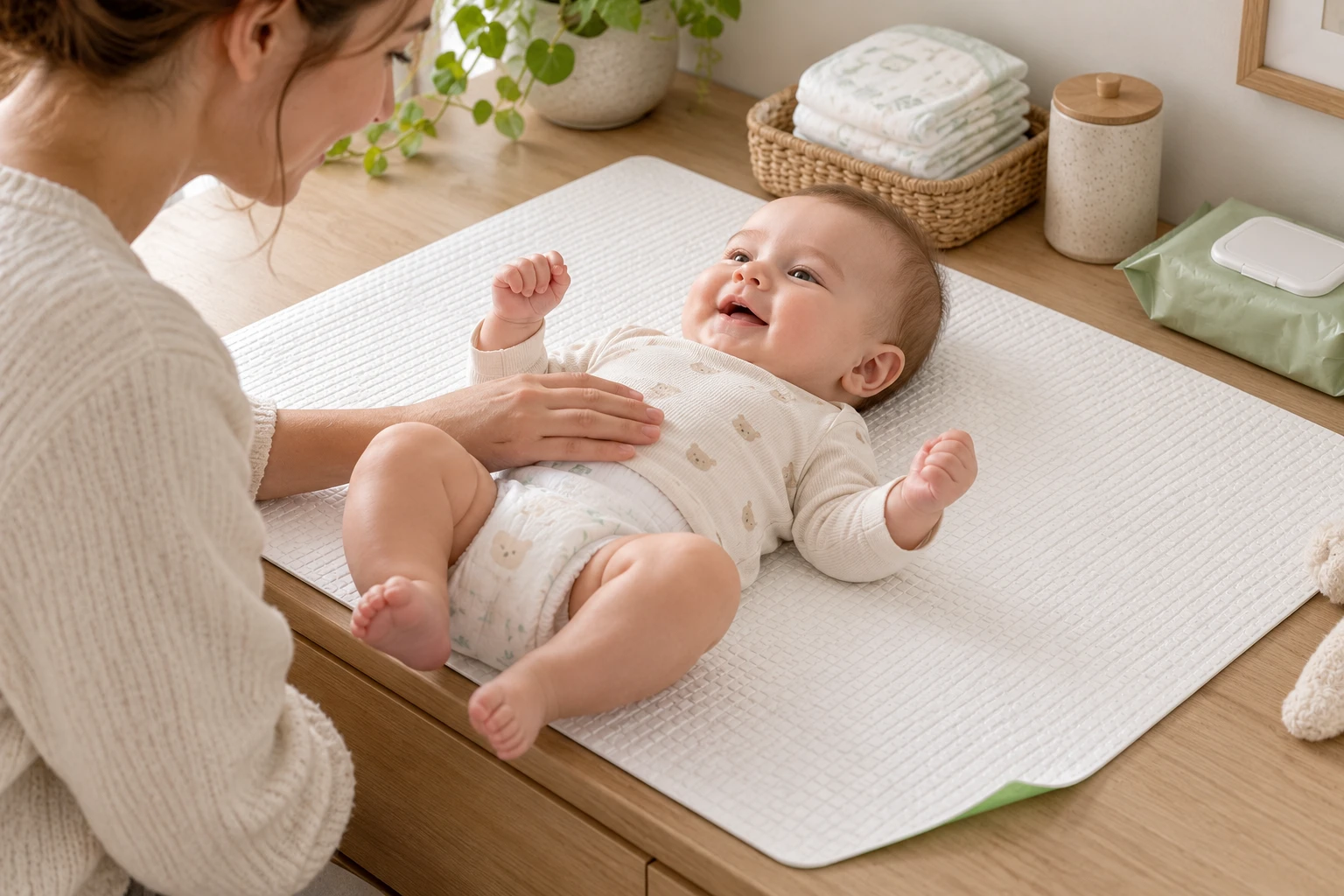 A parent beside a clothed baby in a closed diaper on a fresh white changing-area mat