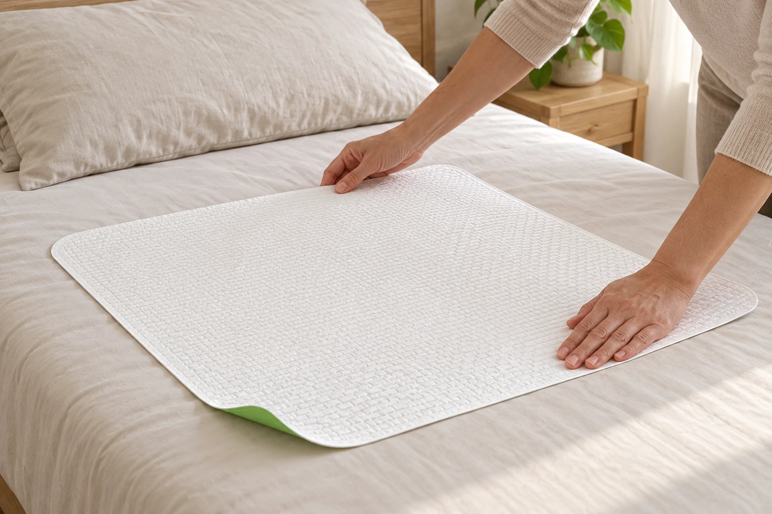 Hands arranging a fresh white mat over the sheet in an ordinary adult bedroom