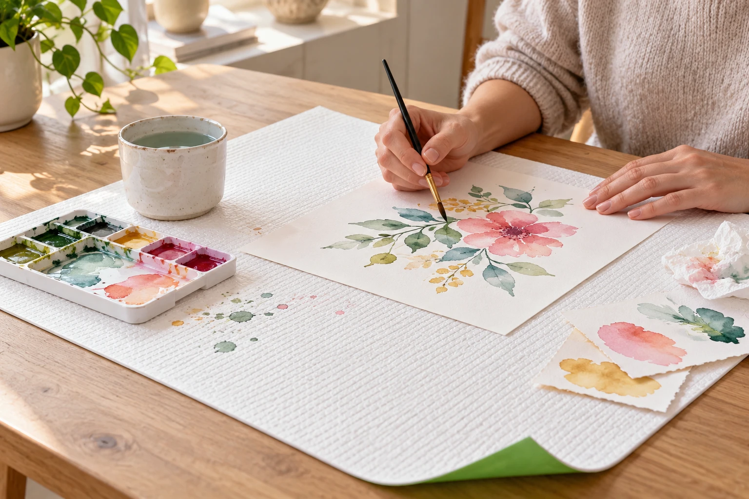 An adult painting on drawing paper over a white mat at a home craft desk