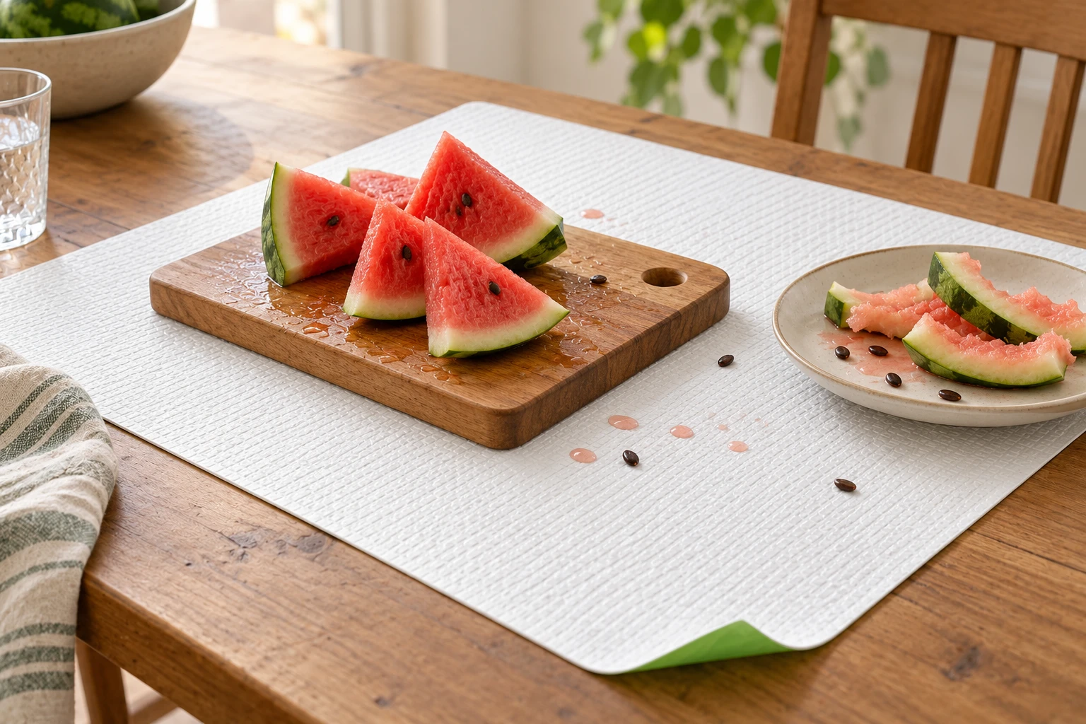 Watermelon on a cutting board over a white mat with seeds and juice drops beside it