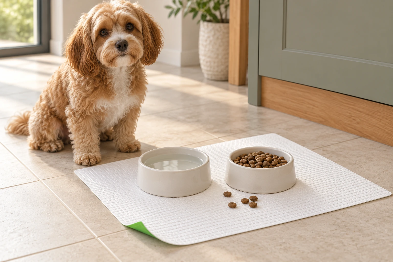 A small dog beside food and water bowls standing on a white disposable mat
