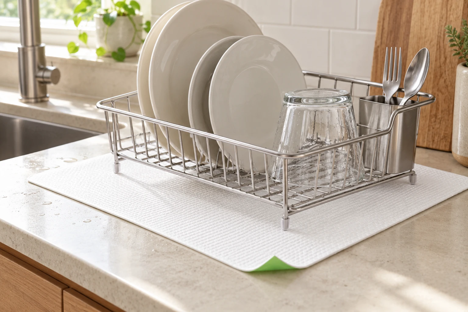 A dish rack with clean plates and a glass on a white absorbent mat beside the sink