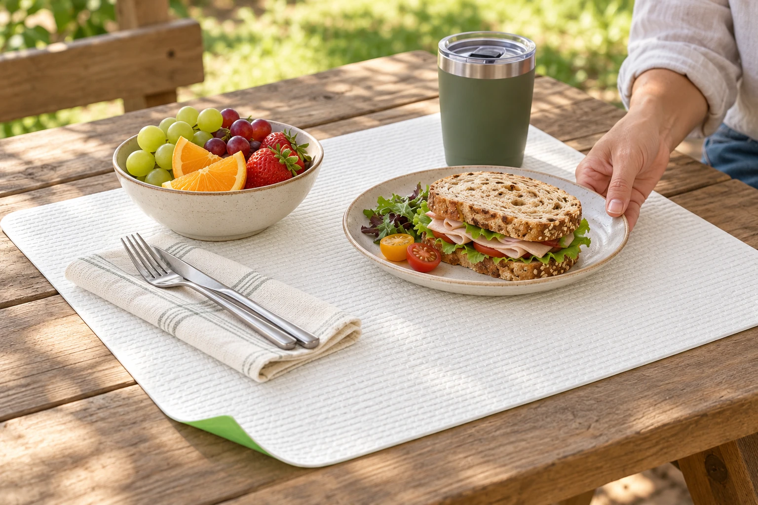 A picnic place setting on a white disposable mat over a wooden outdoor table