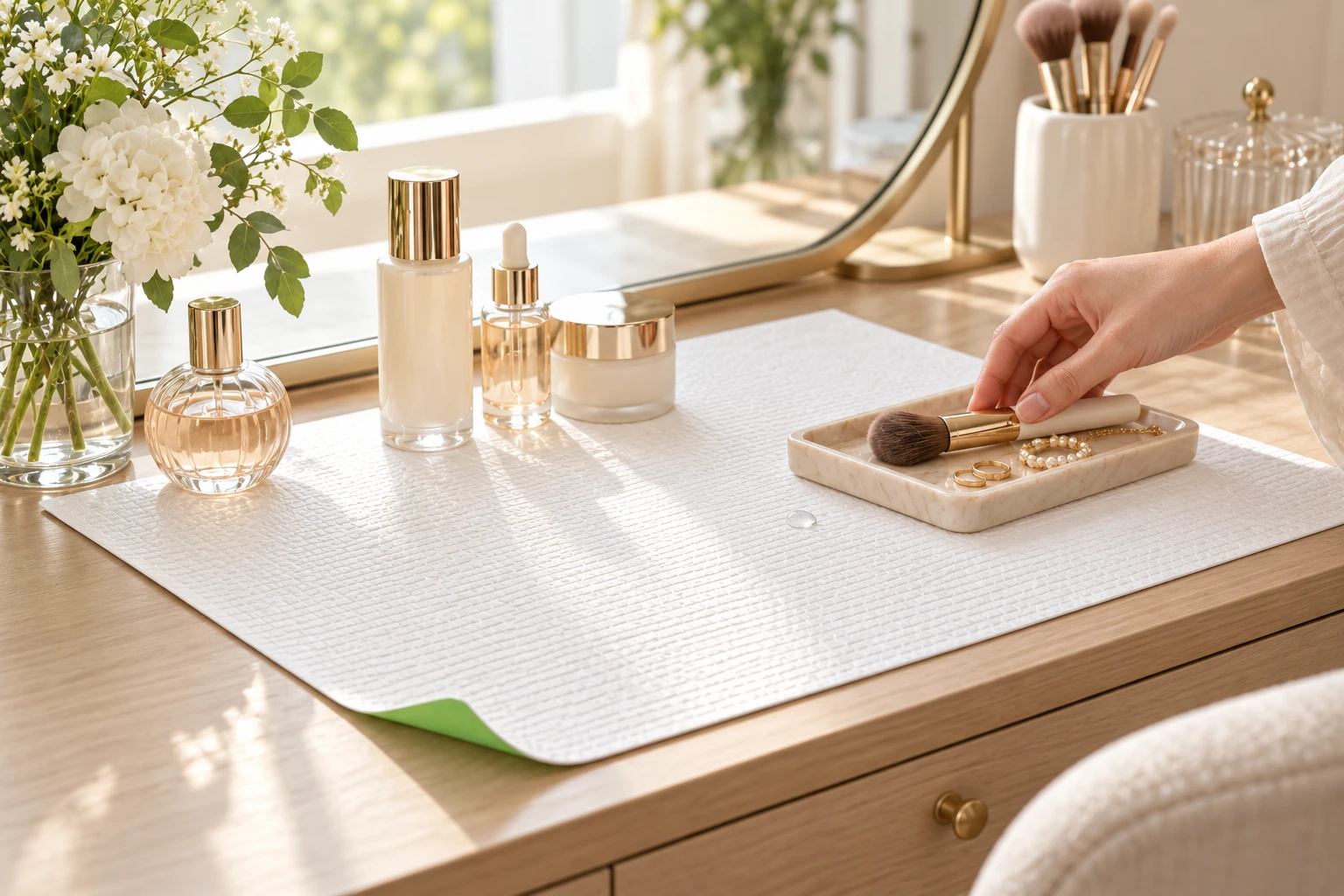 A dressing table with cosmetic bottles and a brush tray arranged on a white mat