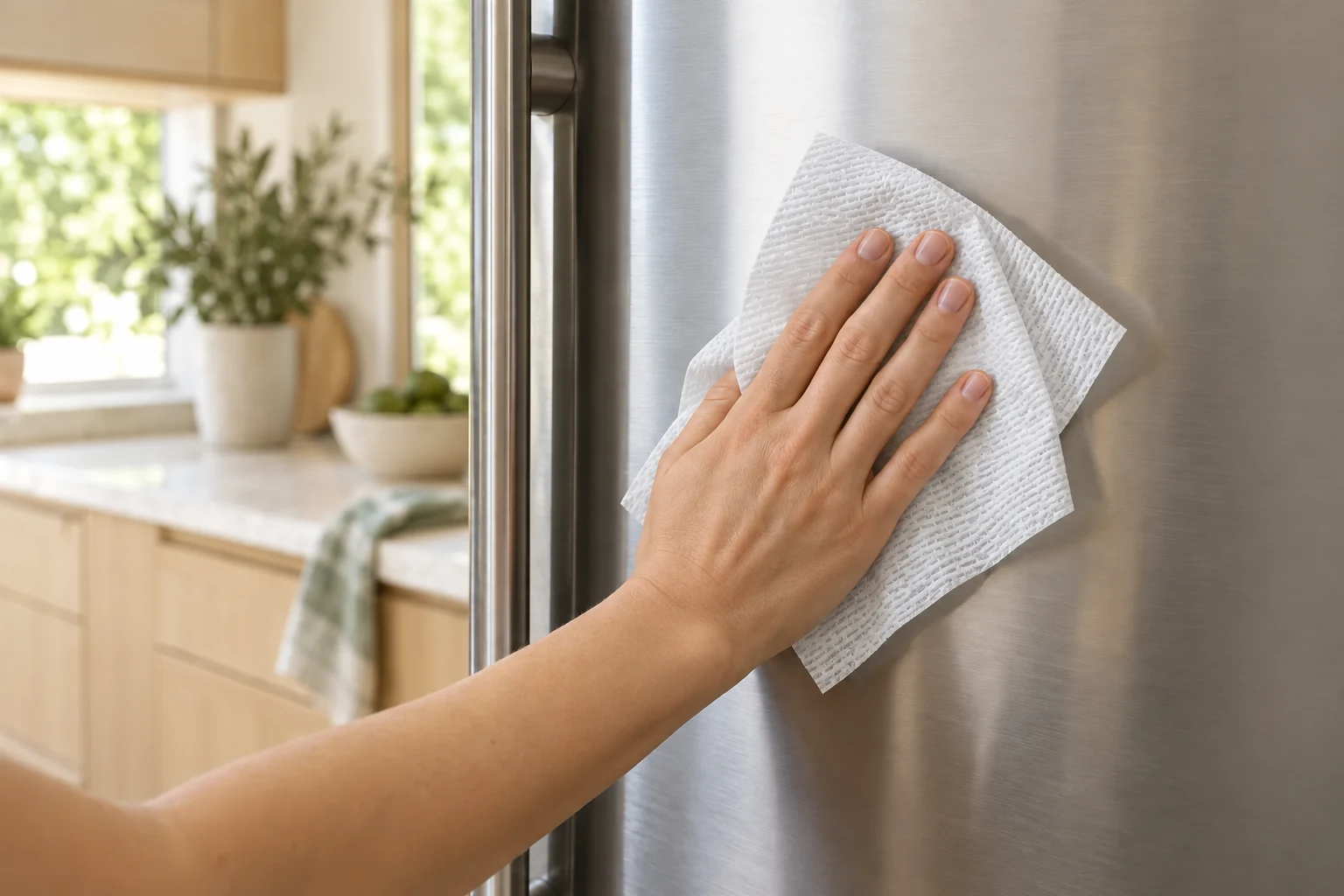 A hand wiping the exterior door panel of a stainless-steel refrigerator with a kitchen towel