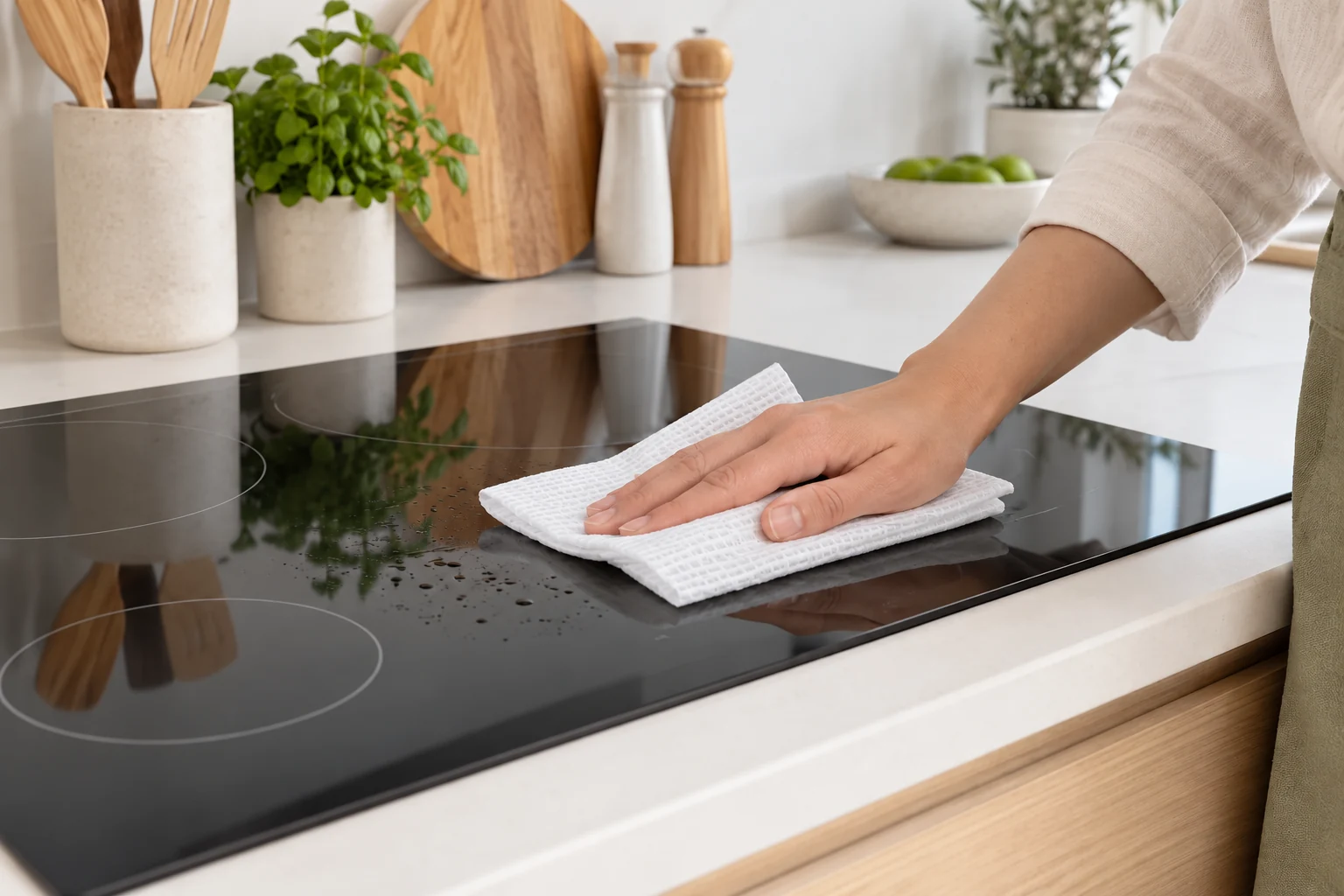 A hand wiping a switched-off, cool induction cooktop with a kitchen towel