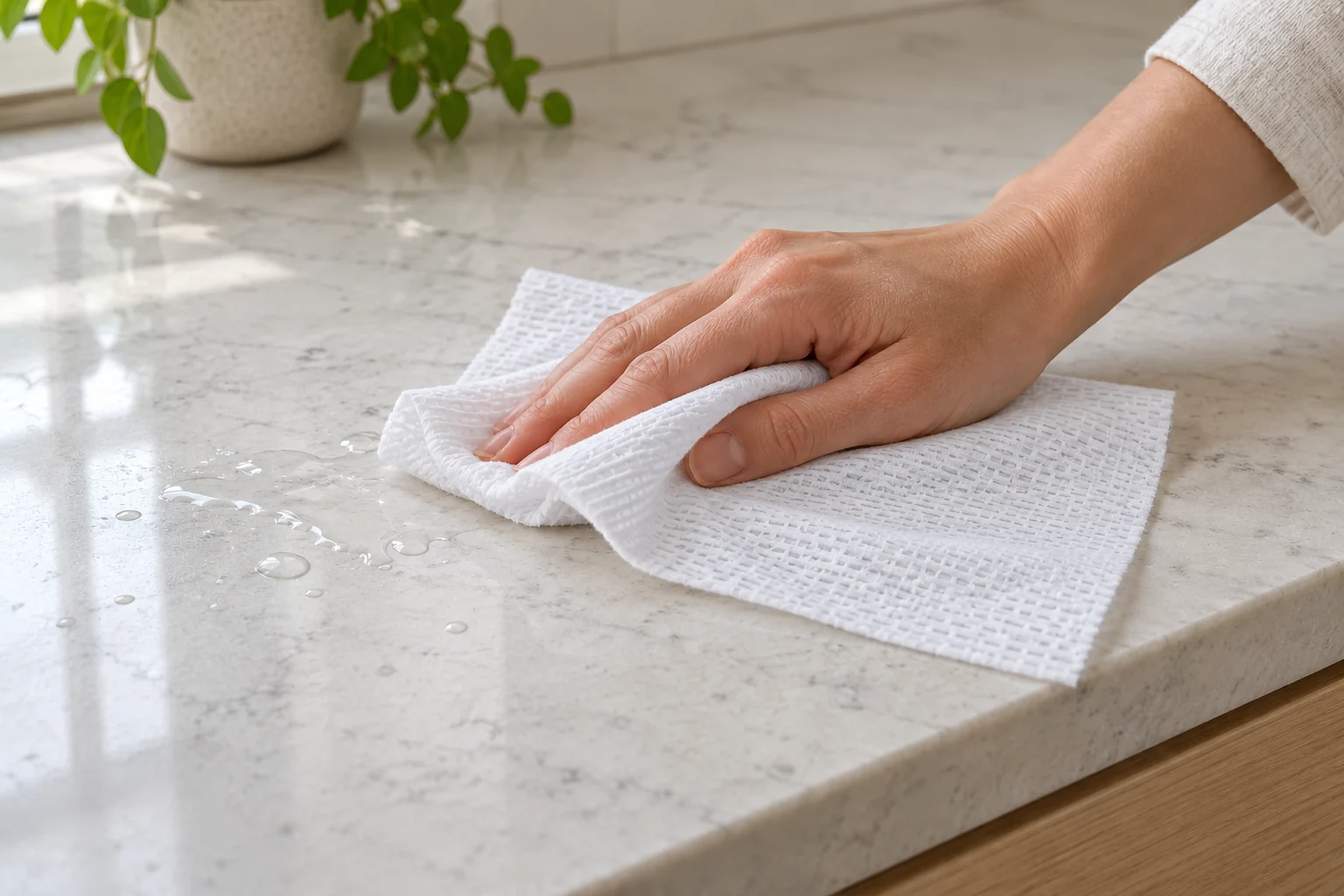 A hand wiping water droplets from a kitchen worktop with a white kitchen towel