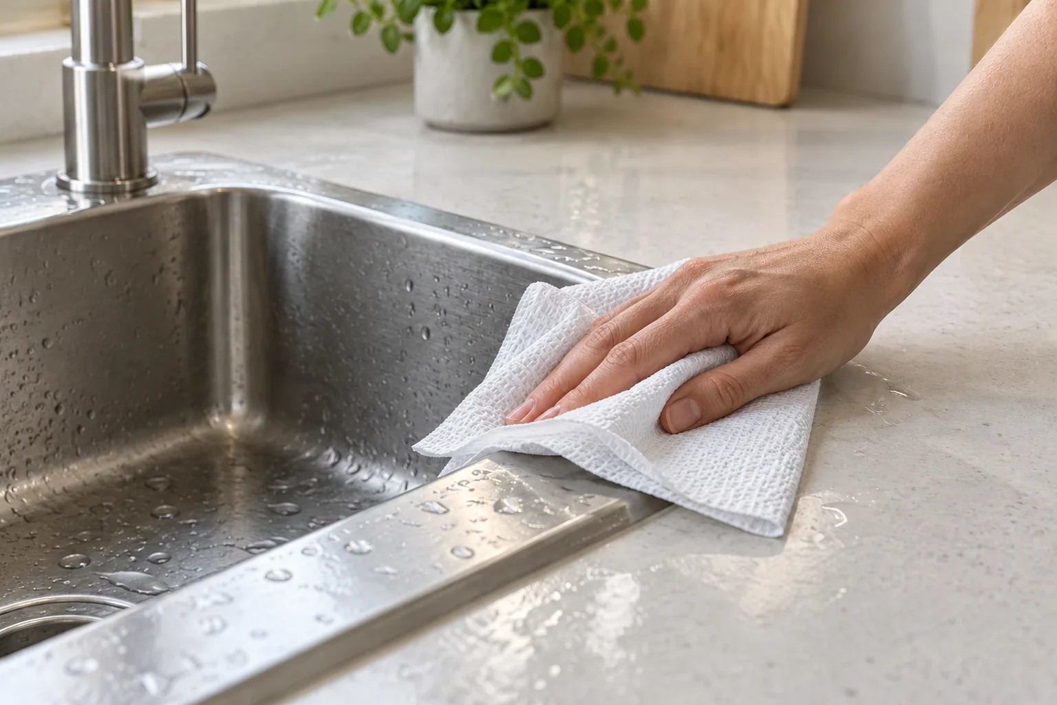 A hand wiping the rim and counter beside a stainless-steel sink with a kitchen towel